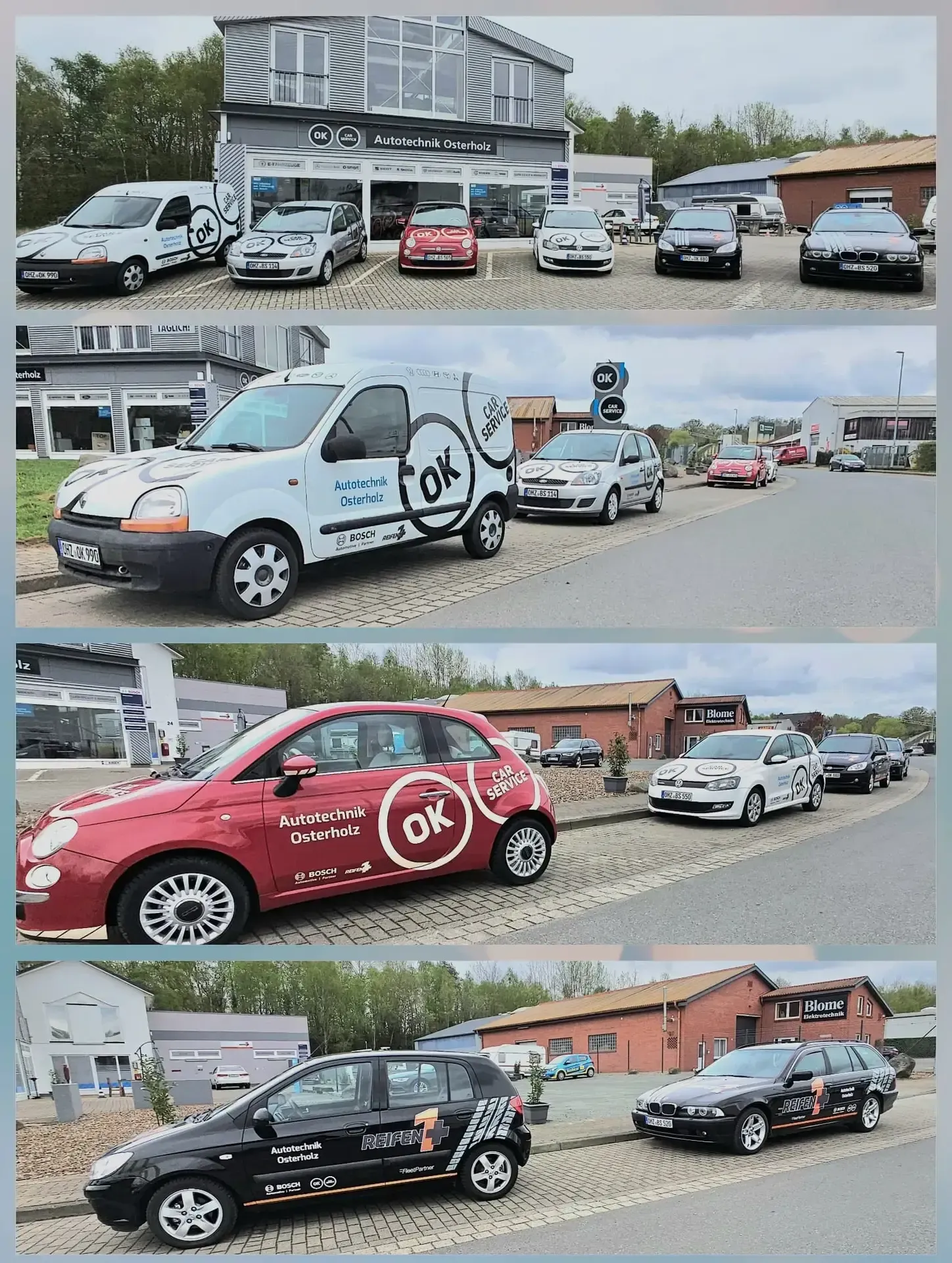 Vier beschriftete Firmenfahrzeuge, zusammengestellt zur Flottenansicht